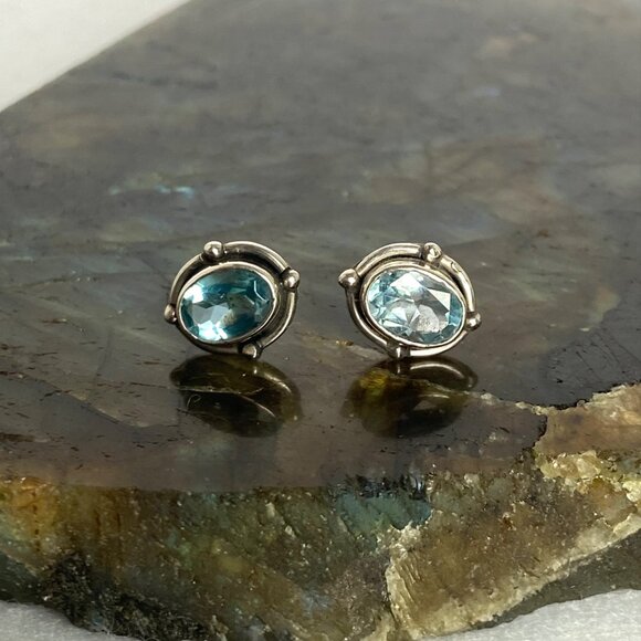 Sterling Silver 925 Dainty Bezel Set Oval Blue Cubic Zirconia CZ Stud Earrings - Picture 6 of 16